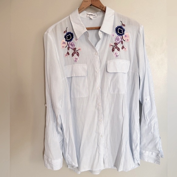 Express Tops - Express The City Striped Floral Embroidered Button Down Shirt